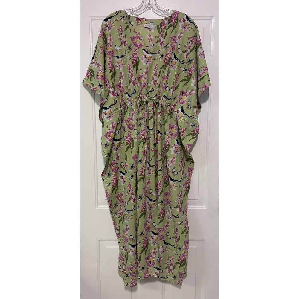 Mahogany Kaftan Dress OS Green Pink Tropical Bird Floral Butterfly Maxi Caftan